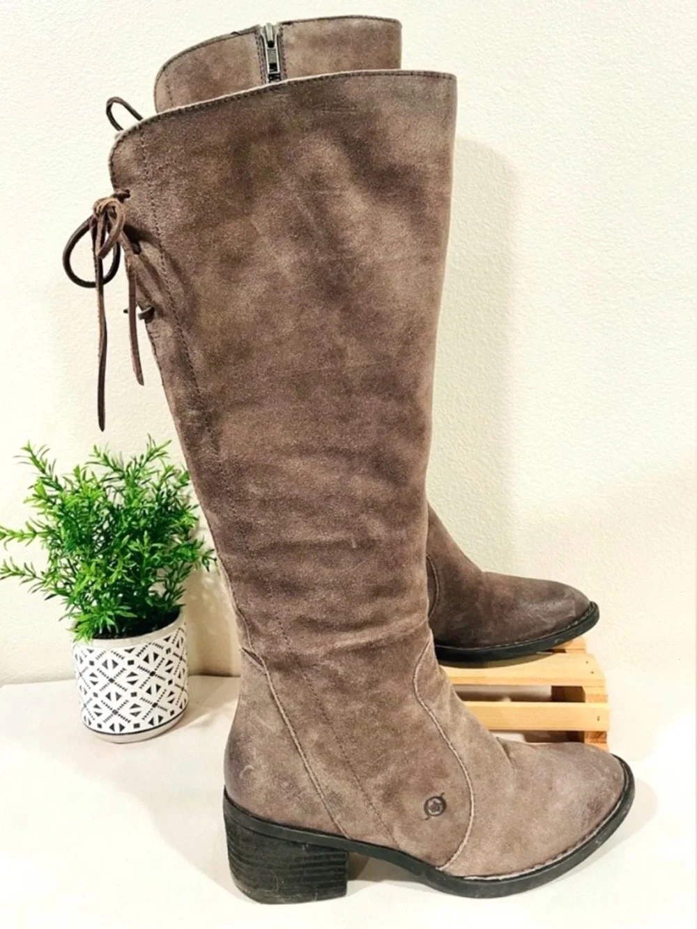 Born “Felicia” Taupe Knee-High Suede Boots Distressed w Tie Back | Like New